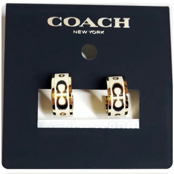 NWOT Coach Signature Enamel and Crystal Huggie Earrings Gold White Plated Brass - Picture 3 of 5